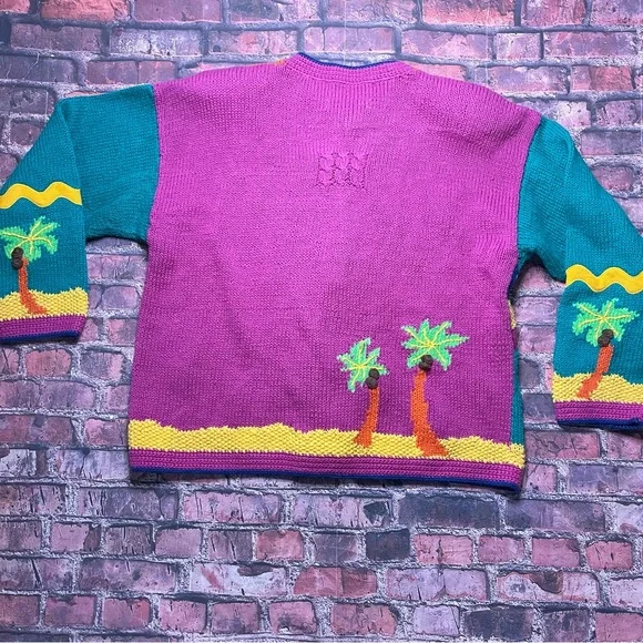 Vintage Marisa Christina XL 90s Hand Knit Beach Theme Pattern Cardigan Sweater - Picture 9 of 9